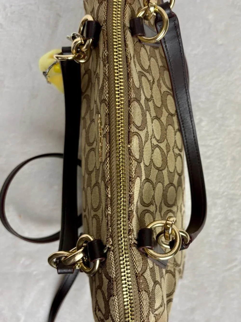 Coach Small Kelsey Satchel in Khaki Signature Jacquard, Leather Trim, Charm